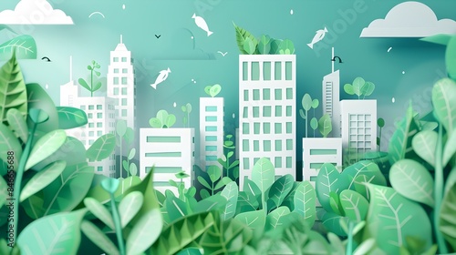 Minimal Papercut of Green Urban Rooftop Garden © CYBERUSS