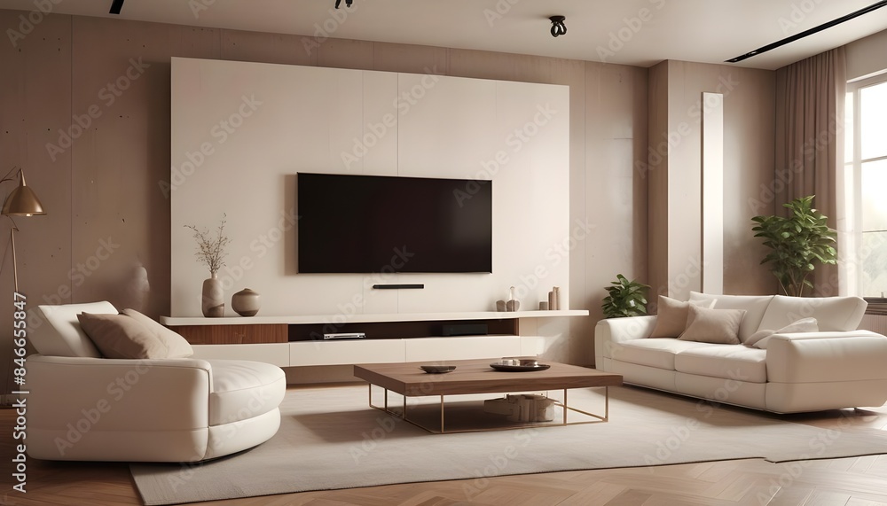 High end modern living room with white leather couch and a large flat screen tv mounted on the wall, brutalist architecture mixed with modern futuristic minimal design High end modern living room with white leather couch and a large flat screen tv mounted on the wall, brutalist architecture mixed with modern futuristic minimal design