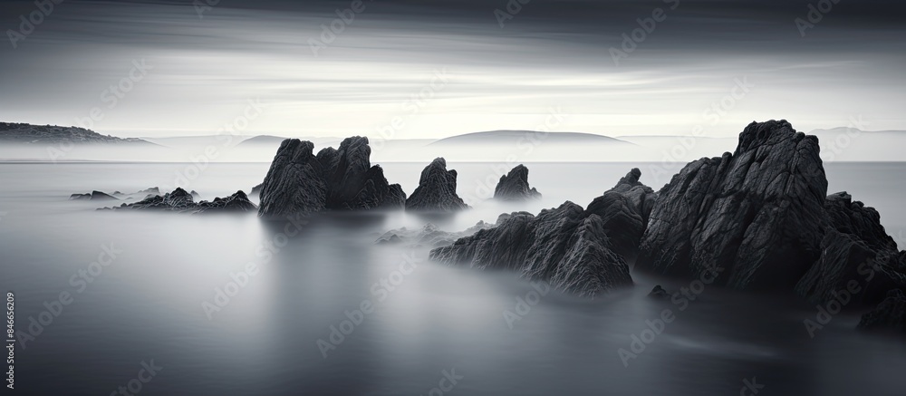 Fototapeta premium Nature composition of a black and white seascape captured in a long exposure with copy space image.