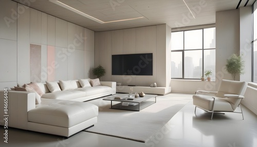 High end modern living room with white leather couch and a large flat screen tv mounted on the wall, brutalist architecture mixed with modern futuristic minimal design