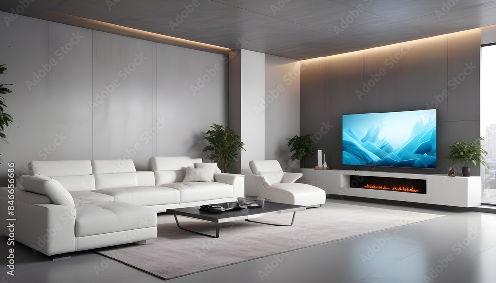 High end modern living room with white leather couch and a large flat screen tv mounted on the wall, brutalist architecture mixed with modern futuristic minimal design High end modern living room with white leather couch and a large flat screen tv mounted on the wall, brutalist architecture mixed with modern futuristic minimal design