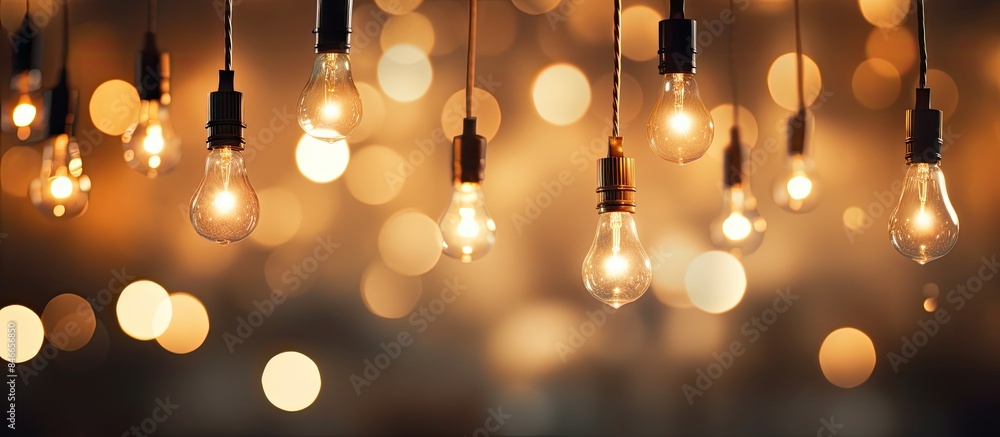 A stunning display of light bulbs hanging, emitting a beautiful bokeh effect, creating a captivating visual with copy space image. A stunning display of light bulbs hanging, emitting a beautiful bokeh effect, creating a captivating visual with copy space image.