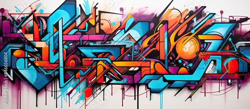 Abstract street art with a modern urban aesthetic, featuring colorful graffiti on a wall creating a vibrant background for a copy space image.