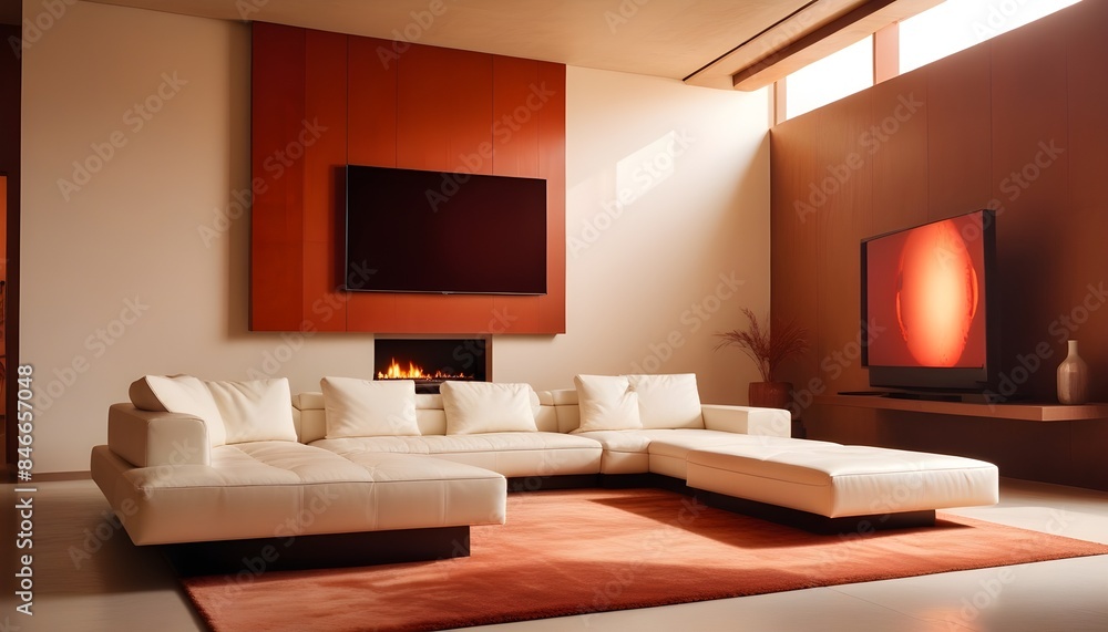 High end modern living room with white leather couch and a large flat screen tv mounted on the wall, brutalist architecture mixed with modern futuristic minimal design High end modern living room with white leather couch and a large flat screen tv mounted on the wall, brutalist architecture mixed with modern futuristic minimal design
