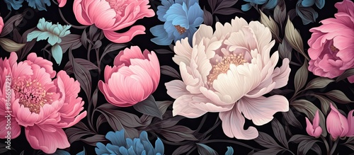 Fototapeta Naklejka Na Ścianę i Meble -  Vintage summer seamless pattern featuring garden peonies in blue and pink shades on a black background, perfect as a template for fabrics, papers, or interior decoration with ample copy space image.
