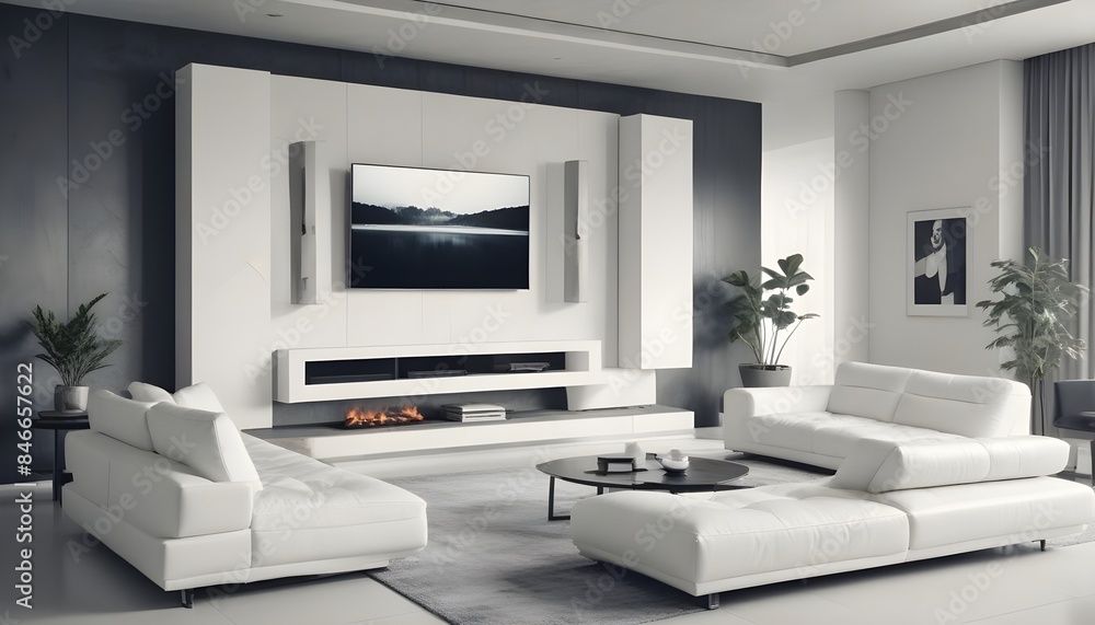 Fototapeta premium High end modern living room with white leather couch and a large flat screen tv mounted on the wall, brutalist architecture mixed with modern futuristic minimal design