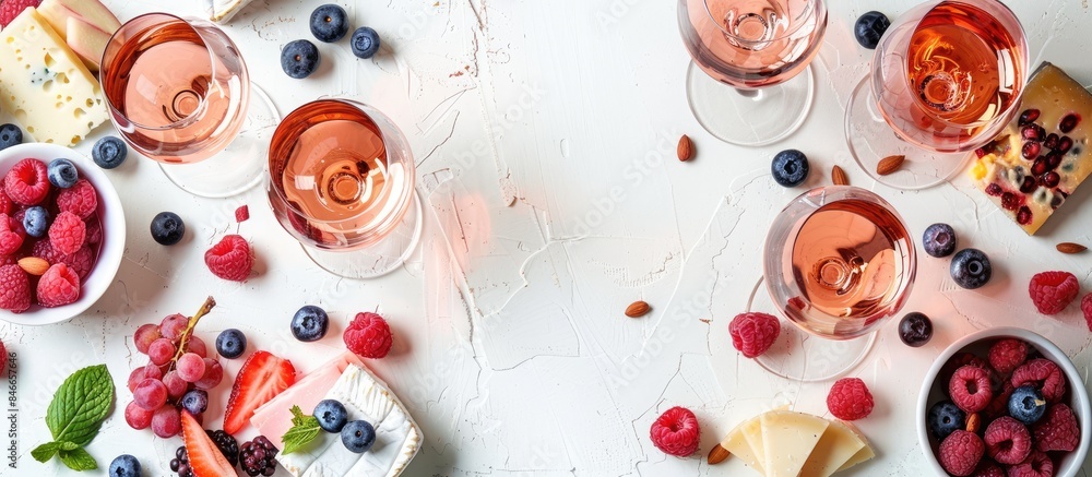 Refreshing Summer Rose Wine Selection with Berries, Fresh Fruits, and Cheeses on a White Background Refreshing Summer Rose Wine Selection with Berries, Fresh Fruits, and Cheeses on a White Background