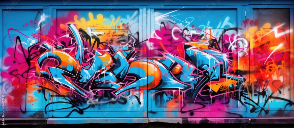 Close-up of vibrant graffiti on a metallic wall shutter with significant copy space image. Close-up of vibrant graffiti on a metallic wall shutter with significant copy space image.