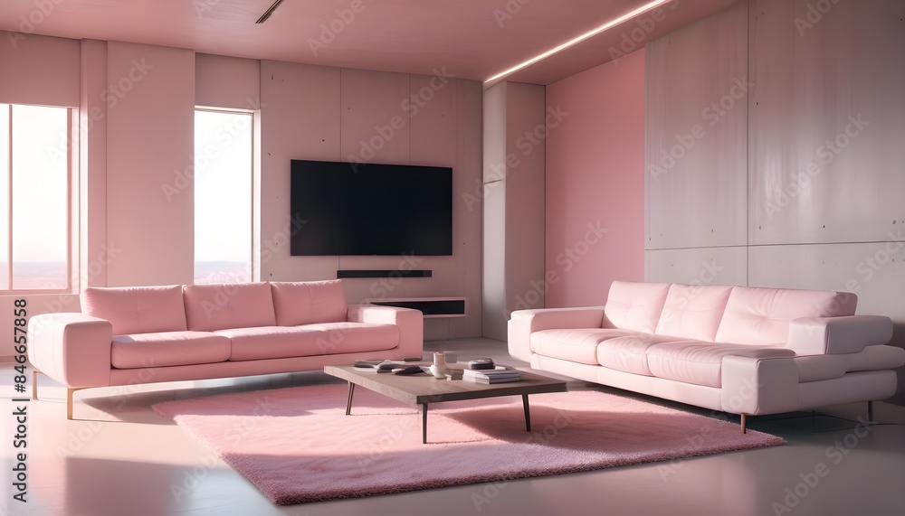 High end modern living room with white leather couch and a large flat screen tv mounted on the wall, brutalist architecture mixed with modern futuristic minimal design High end modern living room with white leather couch and a large flat screen tv mounted on the wall, brutalist architecture mixed with modern futuristic minimal design