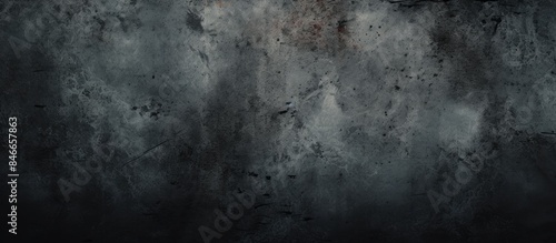 Vintage web banner or wallpaper with a gloomy, textured rough dark surface resembling an abstract grunge black background on an empty concrete wall, providing copy space image. © vxnaghiyev