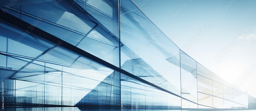 Obraz premium Modern urban geometry fragment with steel and glass office building walls on a sunny day with sunbeams against a blue sky, enhanced with a Velvia graphic filter, providing copy space image potential.