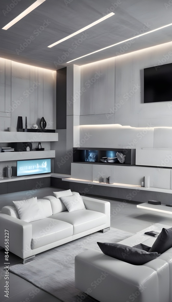 High end modern living room with white leather couch and a large flat screen tv mounted on the wall, brutalist architecture mixed with modern futuristic minimal design High end modern living room with white leather couch and a large flat screen tv mounted on the wall, brutalist architecture mixed with modern futuristic minimal design