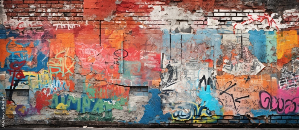 Naklejka premium An ancient wall adorned with street art-style graffiti fragments, creating a colorful background with copy space image.