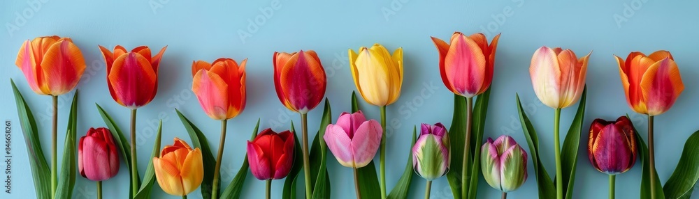 Fototapeta premium Closeup of a row of colorful tulips on a soft blue background, symbolizing the beauty and vibrancy of springtime blossoms