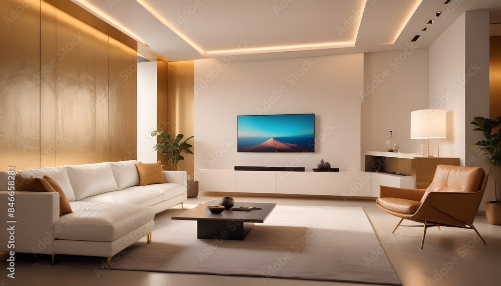 High end modern living room with white leather couch and a large flat screen tv mounted on the wall, brutalist architecture mixed with modern futuristic minimal design High end modern living room with white leather couch and a large flat screen tv mounted on the wall, brutalist architecture mixed with modern futuristic minimal design