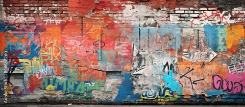 An ancient wall adorned with street art-style graffiti fragments, creating a colorful background with copy space image.