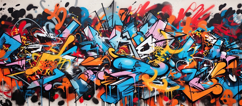A close-up image of an aerosol graffiti drawing on a wall, covered with colorful signatures and tags by street artists and hooligans, offering copy space. A close-up image of an aerosol graffiti drawing on a wall, covered with colorful signatures and tags by street artists and hooligans, offering copy space.