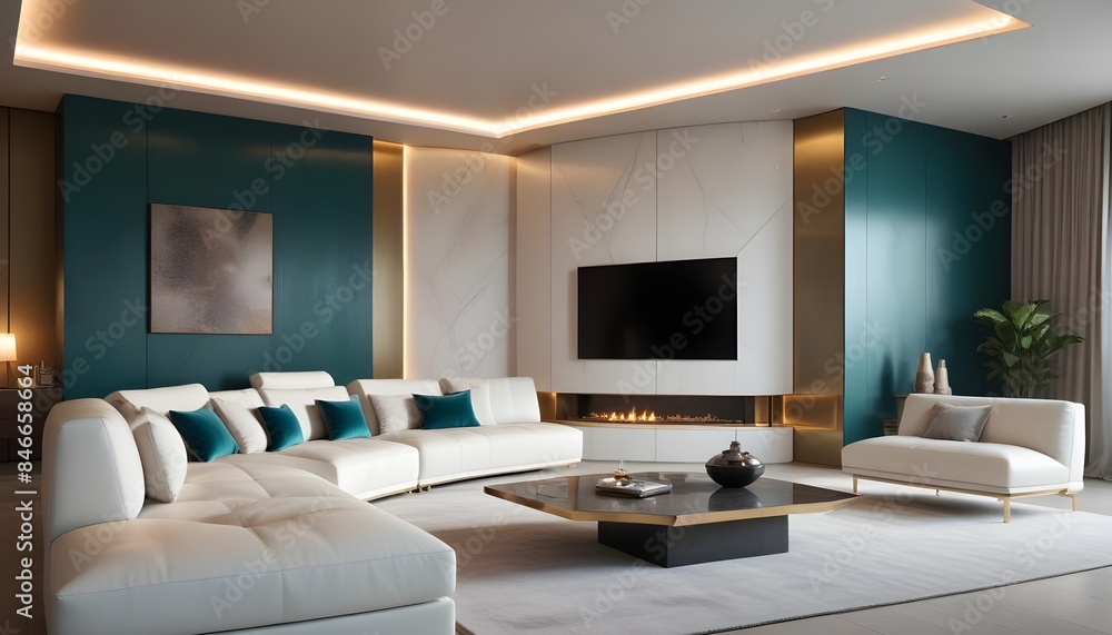 High end modern living room with white leather couch and a large flat screen tv mounted on the wall, brutalist architecture mixed with modern futuristic minimal design High end modern living room with white leather couch and a large flat screen tv mounted on the wall, brutalist architecture mixed with modern futuristic minimal design