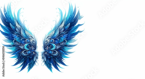Beautiful magic glowing glittery blue wings vector with white isolated background, genertive ai