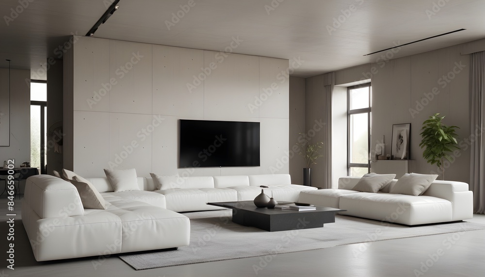 High end modern living room with white leather couch and a large flat screen tv mounted on the wall, brutalist architecture mixed with modern futuristic minimal design High end modern living room with white leather couch and a large flat screen tv mounted on the wall, brutalist architecture mixed with modern futuristic minimal design