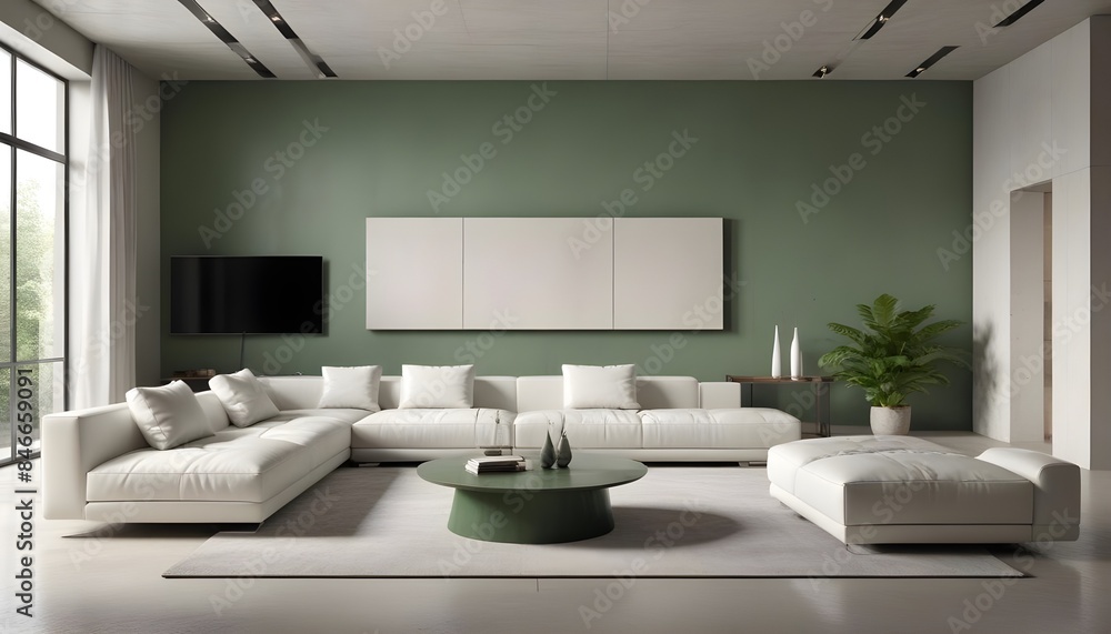 Fototapeta premium High end modern living room with white leather couch and a large flat screen tv mounted on the wall, brutalist architecture mixed with modern futuristic minimal design