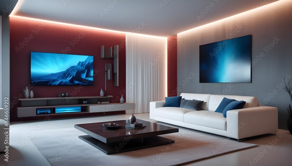 High end modern living room with white leather couch and a large flat screen tv mounted on the wall, brutalist architecture mixed with modern futuristic minimal design High end modern living room with white leather couch and a large flat screen tv mounted on the wall, brutalist architecture mixed with modern futuristic minimal design