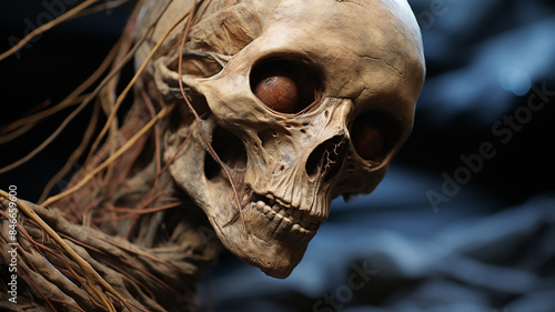 the mummy of an alien, a fantastic invented plot. the skull and remains of a humanoid alien creature photo