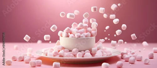 Obraz  z motywem Delicate dessert of marshmallows falling on a pink background plate with copy space image.