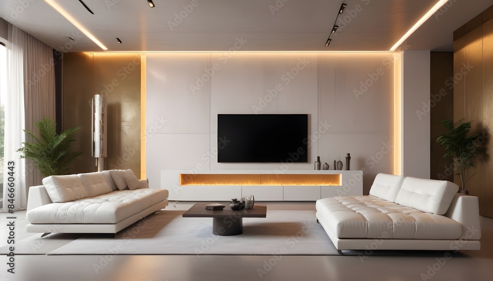 High end modern living room with white leather couch and a large flat screen tv mounted on the wall, brutalist architecture mixed with modern futuristic minimal design High end modern living room with white leather couch and a large flat screen tv mounted on the wall, brutalist architecture mixed with modern futuristic minimal design
