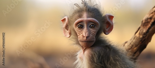 Adorable baby baboon in a n...