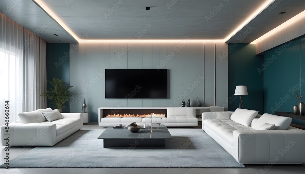 High end modern living room with white leather couch and a large flat screen tv mounted on the wall, brutalist architecture mixed with modern futuristic minimal design High end modern living room with white leather couch and a large flat screen tv mounted on the wall, brutalist architecture mixed with modern futuristic minimal design