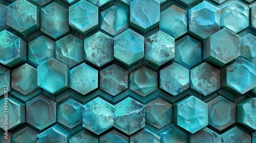 Medieval pattern featuring seamless turquoise isometric hexagons