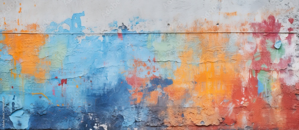 A fragment of graffiti art on an old wall styled in street art with paint stains, creating a multicolored background texture suitable for a copy space image.
