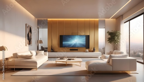 High end modern living room with white leather couch and a large flat screen tv mounted on the wall, brutalist architecture mixed with modern futuristic minimal design