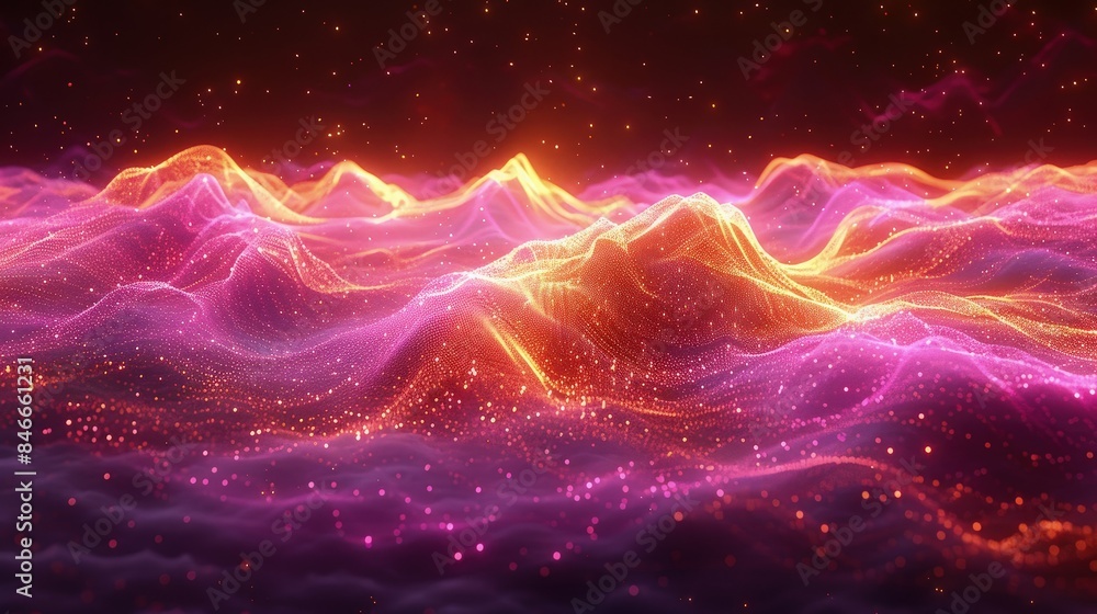 Pink shimmering particles wave on dark. Dark vibration fluid waves. Best for sound and music visualization, quantum world visualization, and Technology. Pink shimmering particles wave on dark. Dark vibration fluid waves. Best for sound and music visualization, quantum world visualization, and Technology.