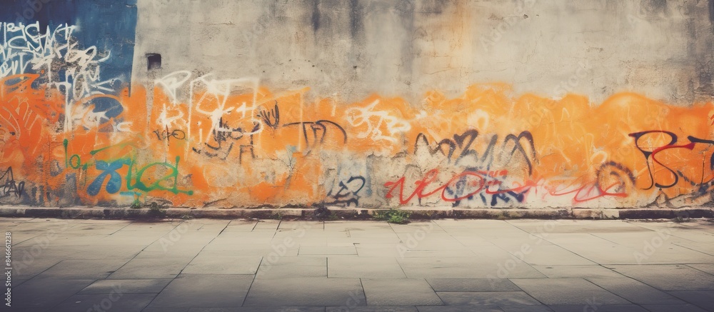 Fototapeta premium Old wall adorned with street art graffiti. Textured background in warm tones with copy space image.