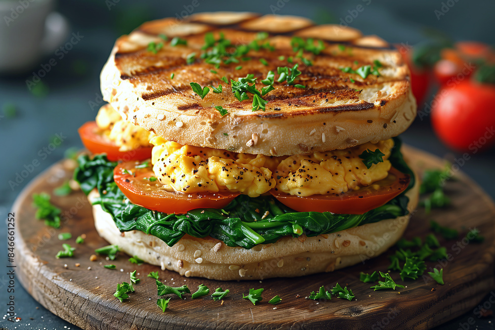 Spinach and Goat Cheese Breakfast Sandwich: English muffin filled with scrambled eggs, sautéed spinach, creamy goat cheese, and sliced tomatoes. Spinach and Goat Cheese Breakfast Sandwich: English muffin filled with scrambled eggs, sautéed spinach, creamy goat cheese, and sliced tomatoes.