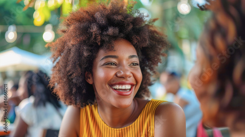 Happy black woman with afro hair smiling and looking at her female friend while sitting at the table on a terrace of a restaurant during summer time - Lifestyle concept - Models by AI generative
