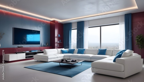 High end modern living room with white leather couch and a large flat screen tv mounted on the wall, brutalist architecture mixed with modern futuristic minimal design