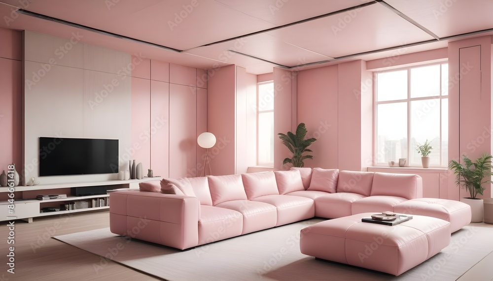 High end modern living room with white leather couch and a large flat screen tv mounted on the wall, brutalist architecture mixed with modern futuristic minimal design High end modern living room with white leather couch and a large flat screen tv mounted on the wall, brutalist architecture mixed with modern futuristic minimal design