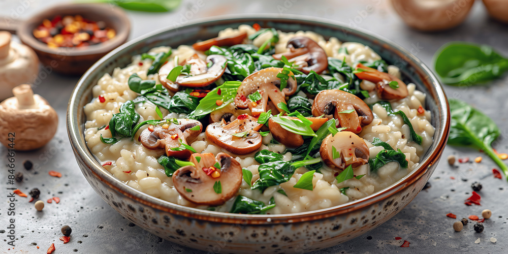 Spinach and Mushroom Risotto made with arborio rice, vegetable broth, sautéed mushrooms, spinach, Parmesan cheese, and white wine. Spinach and Mushroom Risotto made with arborio rice, vegetable broth, sautéed mushrooms, spinach, Parmesan cheese, and white wine.
