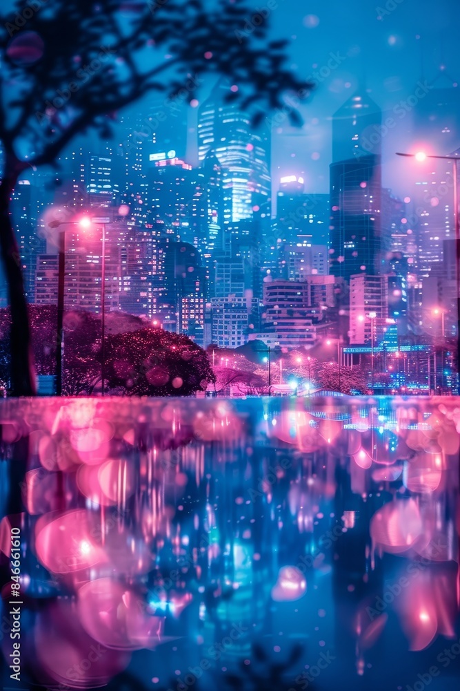 Neon futuristic cityscape with high tech transparent buildings for tech branding in blues and pinks Neon futuristic cityscape with high tech transparent buildings for tech branding in blues and pinks