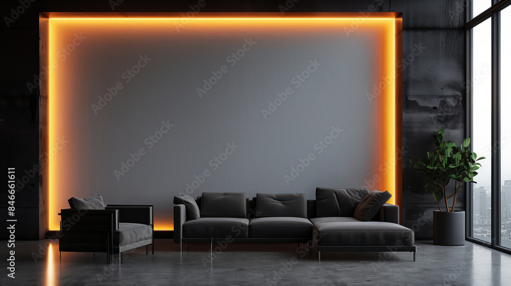 black couch is in a room with a wall that has a light strip on it black couch is in a room with a wall that has a light strip on it