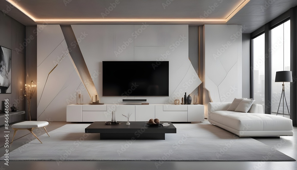High end modern living room with white leather couch and a large flat screen tv mounted on the wall, brutalist architecture mixed with modern futuristic minimal design High end modern living room with white leather couch and a large flat screen tv mounted on the wall, brutalist architecture mixed with modern futuristic minimal design