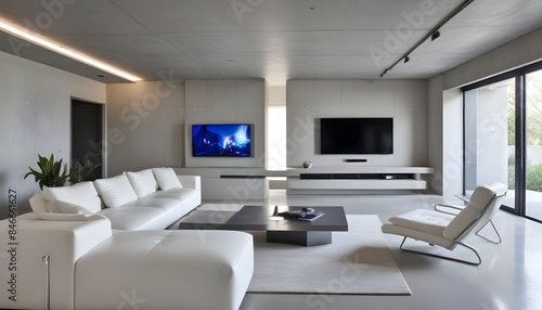 High end modern living room with white leather couch and a large flat screen tv mounted on the wall, brutalist architecture mixed with modern futuristic minimal design