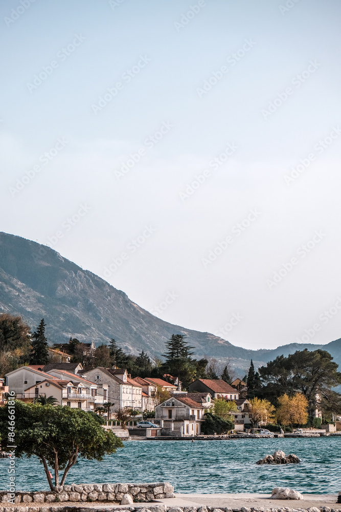 Obraz premium Historic town of Perast at Bay of Kotor in summer, Montenegro,Perast on a sunny day, Montenegro. Travel to Montenegro concept.Scenic panorama view of the historic town of Perast at famous Bay of Kotor