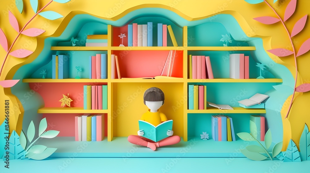 A Child Reading in A Minimalist Paper Cut Style School Library A Child Reading in A Minimalist Paper Cut Style School Library