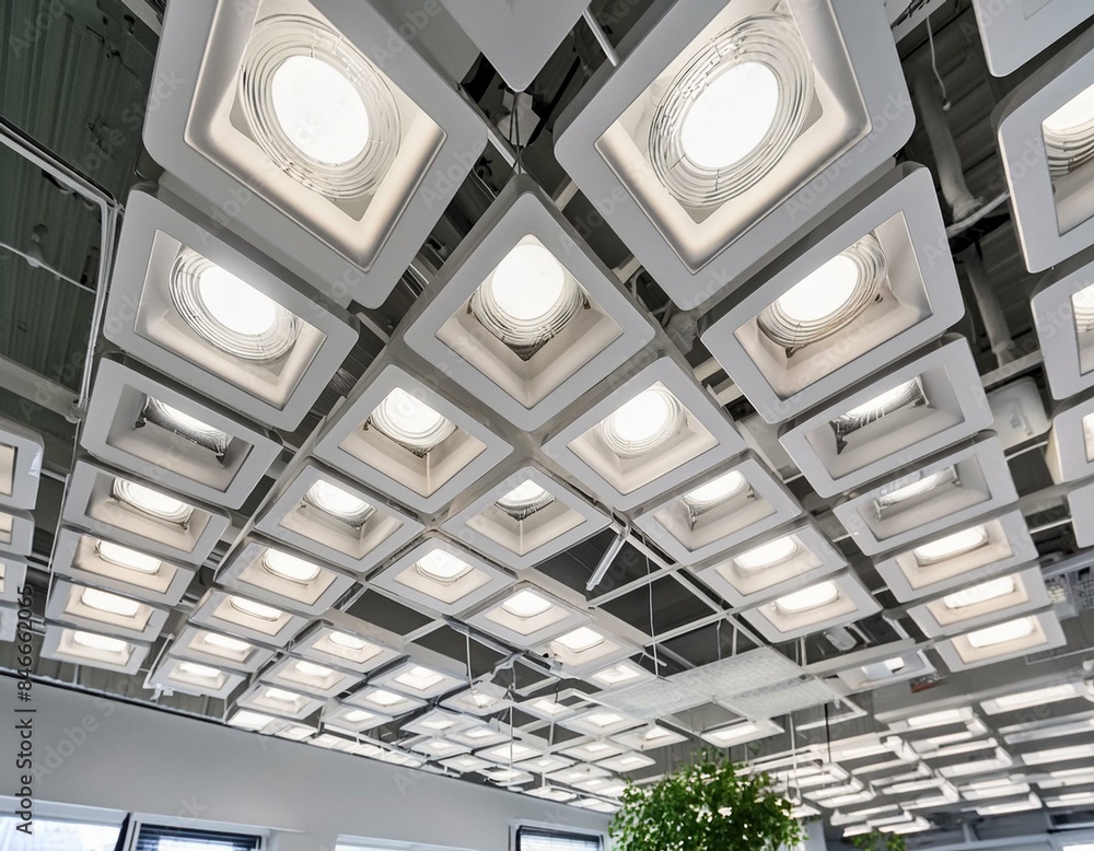 White square LED down lights are installed in an office interior showcasing the modern design and lighting, featuring suspended white square tiles on high ceilings