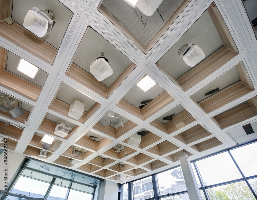White square LED down lights are installed in an office interior showcasing the modern design and lighting, featuring suspended white square tiles on high ceilings White square LED down lights are installed in an office interior showcasing the modern design and lighting, featuring suspended white square tiles on high ceilings