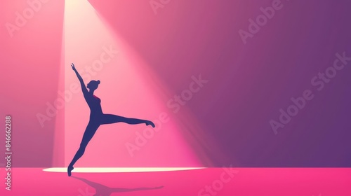 Silhouette of a ballerina in a spotlight, graceful pose, purple background.